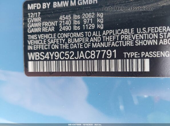 WBS4Y9C52JAC87791 2018 BMW M4 Blue Շարժիչի բաժամունքի տեսք