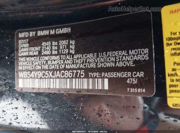 WBS4Y9C5XJAC86775 2018 BMW M4 Black Вид підкапотного простору