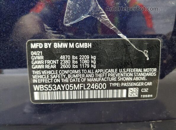 WBS53AY05MFL24600 2021 BMW M3 Blue Вид підкапотного простору