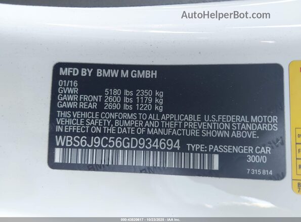 WBS6J9C56GD934694 2016 BMW M6 White Vista de la etiqueta del VIN