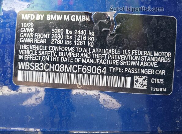 WBS83CH08MCF69064 2021 BMW M5 Blue ძრავის განყოფილების ხედი