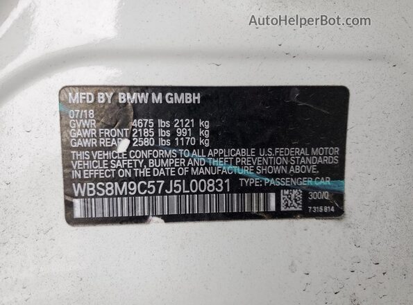WBS8M9C57J5L00831 2018 BMW M3 White 