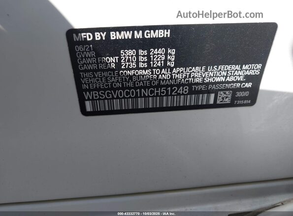 WBSGV0C01NCH51248 2022 BMW M8 White Engine compartment view