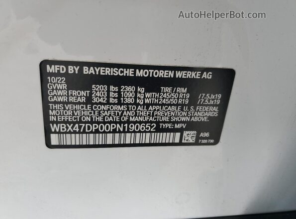 WBX47DP00PN190652 2023 BMW X3 White Панорамний вид салону 360°