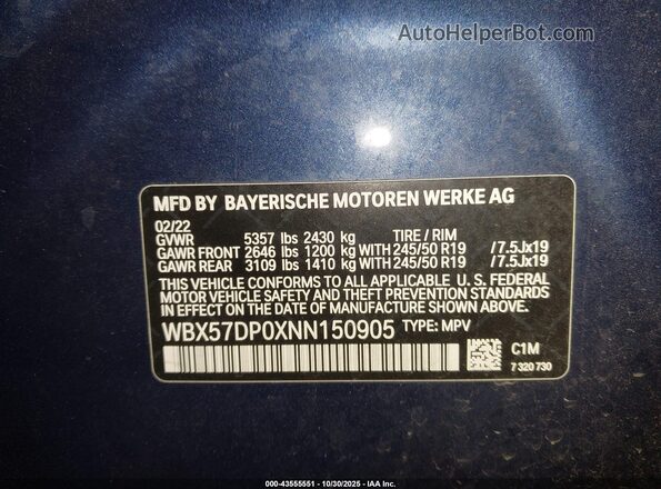 WBX57DP0XNN150905 2022 BMW X3 Blue ძრავის განყოფილების ხედი