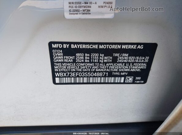 WBX73EF03S5048871 2025 BMW X1 White Engine compartment view