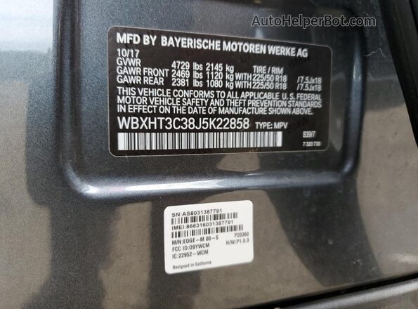 WBXHT3C38J5K22858 2018 BMW X1 Gray 