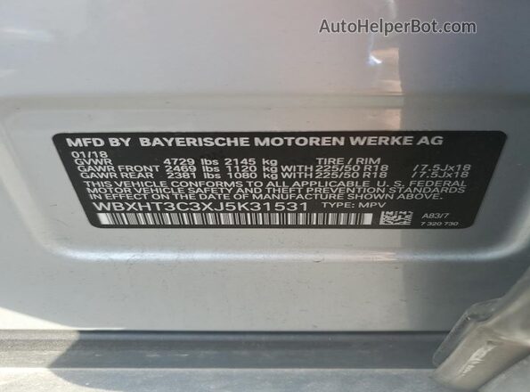 WBXHT3C3XJ5K31531 2018 BMW X1 Silver 
