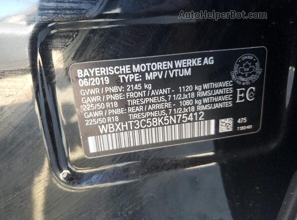 WBXHT3C58K5N75412 2019 BMW X1 Black Widok naklejki z numerem VIN