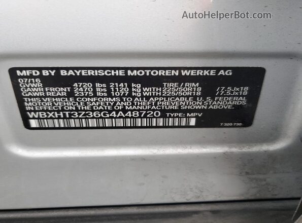 WBXHT3Z36G4A48720 2016 BMW X1 Silver Widok wnętrza 360 stopni