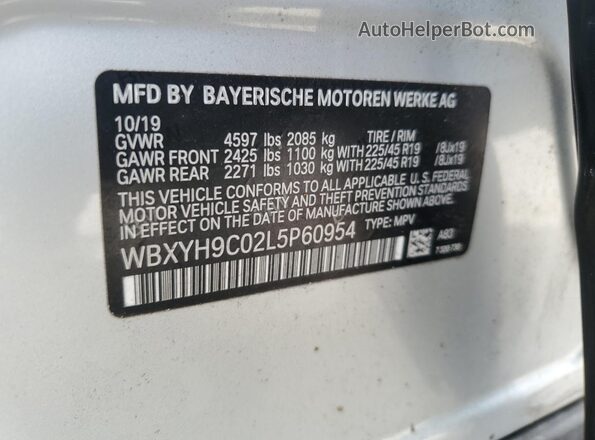 WBXYH9C02L5P60954 2020 BMW X2 Silver Widok naklejki z numerem VIN