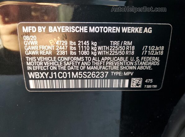 WBXYJ1C01M5S26237 2021 BMW X2 Black VIN sticker view
