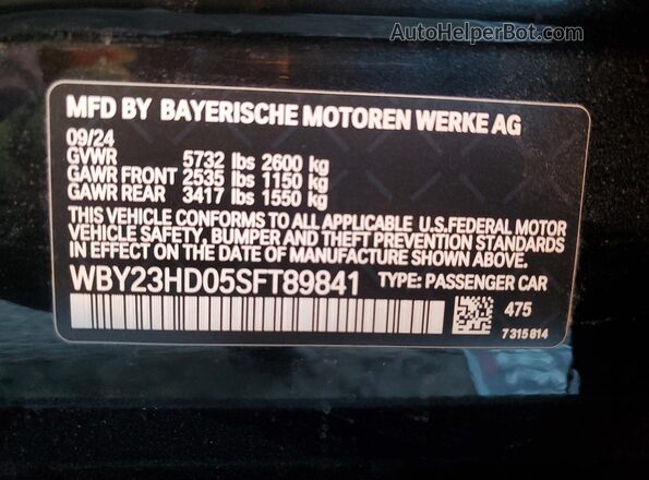 WBY23HD05SFT89841 2025 BMW I4 Black VIN կոդի պիտակի տեսք