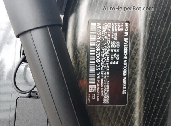 WBY2Z6C58K7D08425 2019 BMW I8 Charcoal Вид наклейки з VIN-кодом