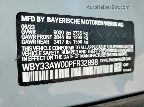 WBY33AW00PFR32898 2023 BMW I4 Gray VIN sticker view