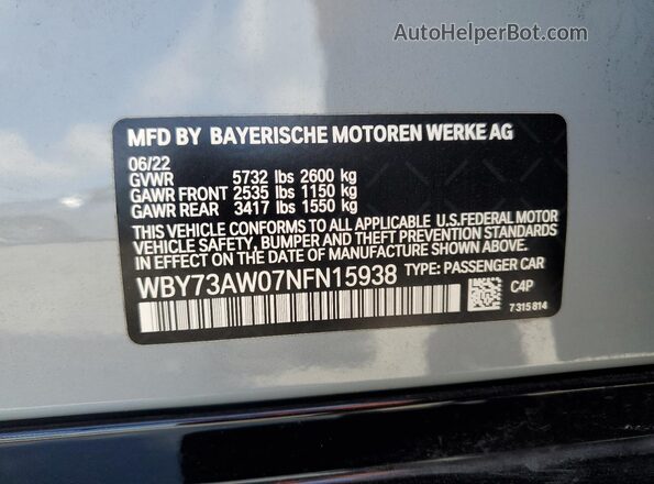 WBY73AW07NFN15938 2022 BMW I4 Gray VIN կոդի պիտակի տեսք