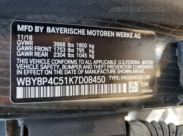 WBY8P4C51K7D08450 2019 BMW I3 Black VIN კოდის სტიკერის ხედი