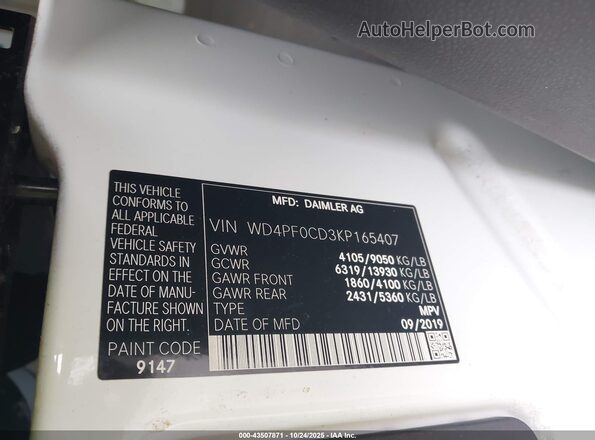 WD4PF0CD3KP165407 2019 MERCEDES-BENZ SPRINTER White Widok komory silnika