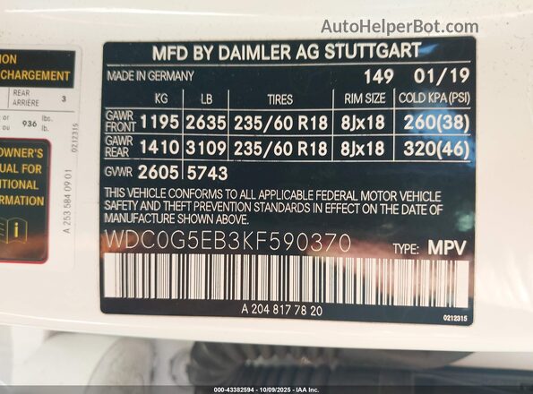 WDC0G5EB3KF590370 2019 MERCEDES-BENZ GLC 350E White Vista del compartimento del motor