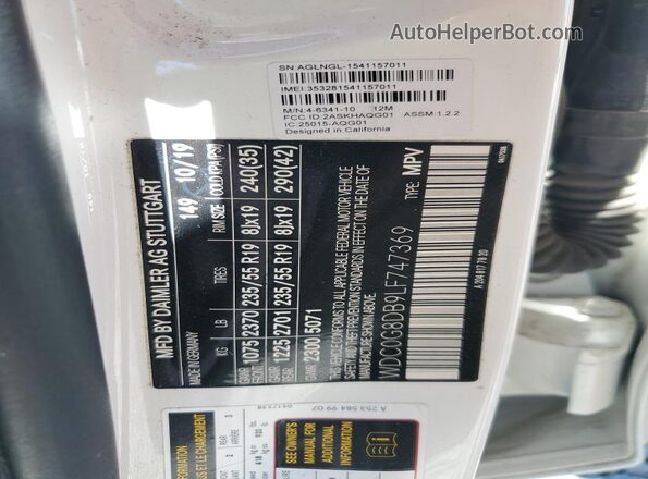 WDC0G8DB9LF747369 2020 MERCEDES-BENZ GLC-CLASS White VIN კოდის სტიკერის ხედი