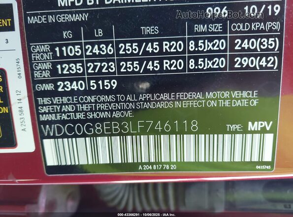 WDC0G8EB3LF746118 2020 MERCEDES-BENZ GLC 300 Red Շարժիչի բաժամունքի տեսք