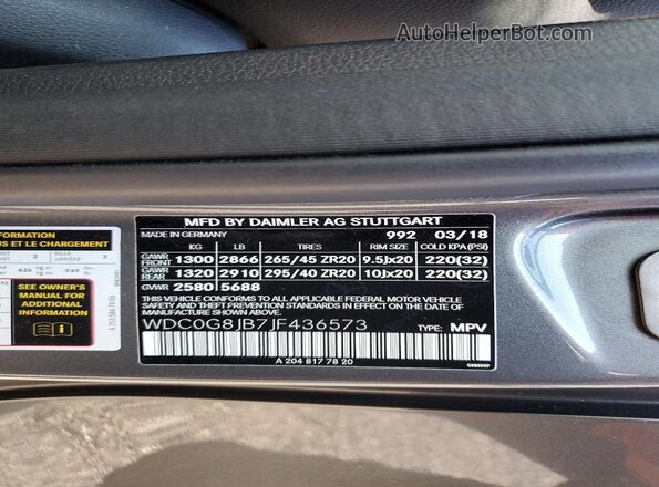 WDC0G8JB7JF436573 2018 MERCEDES-BENZ GLC-CLASS Gray VIN კოდის სტიკერის ხედი