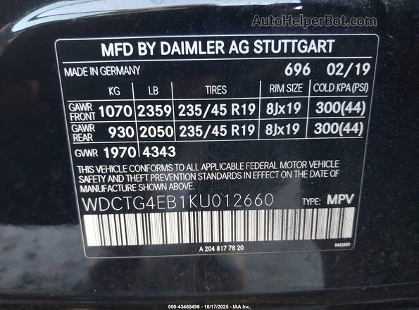 WDCTG4EB1KU012660 2019 MERCEDES-BENZ GLA 250 Черный Вид подкапотного пространства