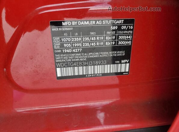 WDCTG4EB3HJ318933 2017 MERCEDES-BENZ GLA Red 
