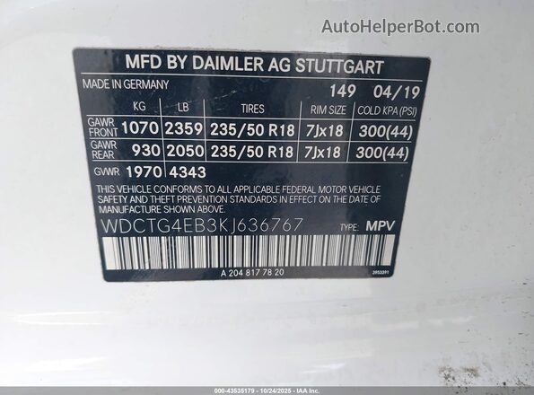 WDCTG4EB3KJ636767 2019 MERCEDES-BENZ GLA 250 White Vista del compartimento del motor