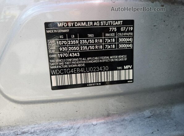 WDCTG4EB4LU023430 2020 MERCEDES-BENZ GLA Silver Vista de la etiqueta del VIN