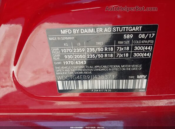 WDCTG4EB9JJ438371 2018 MERCEDES-BENZ GLA 250 Red 