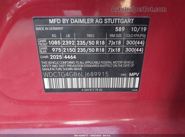 WDCTG4GB6LJ689915 2020 MERCEDES-BENZ GLA 250 Red Widok komory silnika