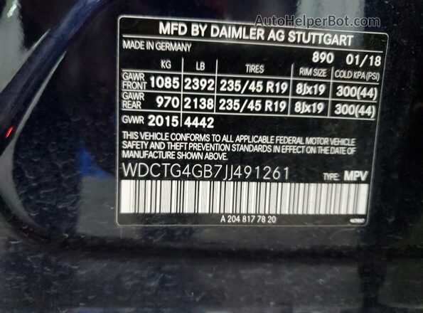 WDCTG4GB7JJ491261 2018 MERCEDES-BENZ GLA Blue 