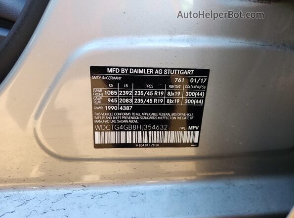 WDCTG4GB8HJ354632 2017 MERCEDES-BENZ GLA Silver Widok naklejki z numerem VIN