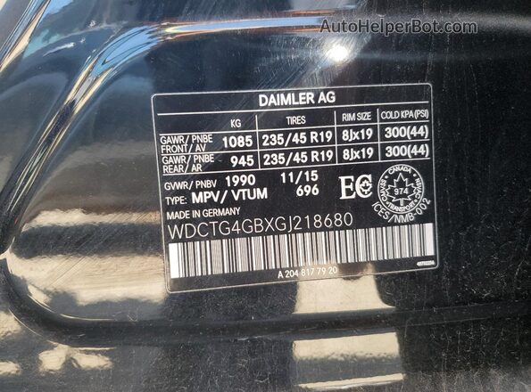 WDCTG4GBXGJ218680 2016 MERCEDES-BENZ GLA Black Вид наклейки з VIN-кодом