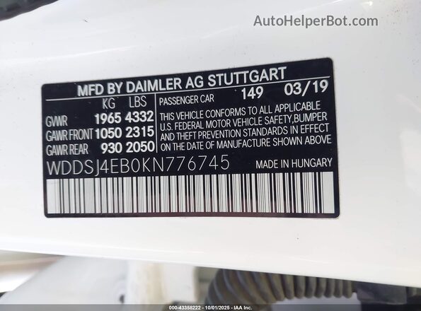 WDDSJ4EB0KN776745 2019 MERCEDES-BENZ CLA 250 White 