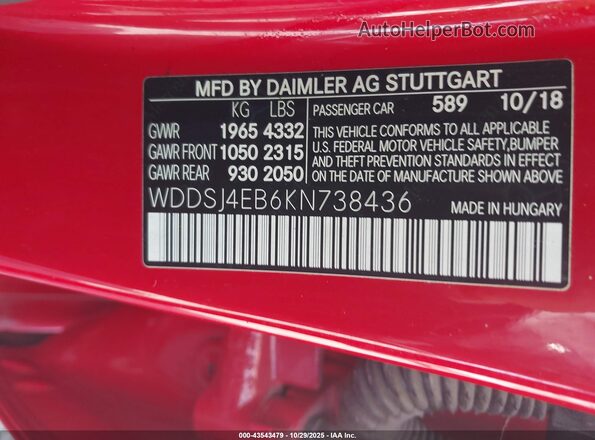 WDDSJ4EB6KN738436 2019 MERCEDES-BENZ CLA 250 Red Vista del compartimento del motor