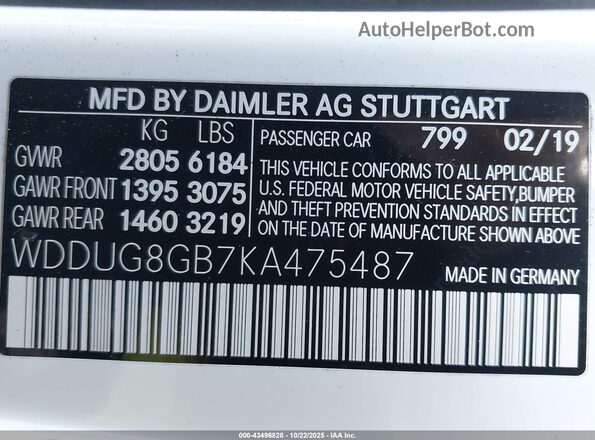 WDDUG8GB7KA475487 2019 MERCEDES-BENZ S-CLASS White 