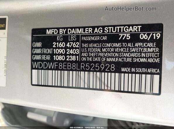WDDWF8EB8LR525928 2020 MERCEDES-BENZ C-CLASS Silver ძრავის განყოფილების ხედი