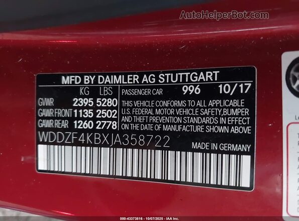 WDDZF4KBXJA358722 2018 MERCEDES-BENZ E-CLASS Красный 