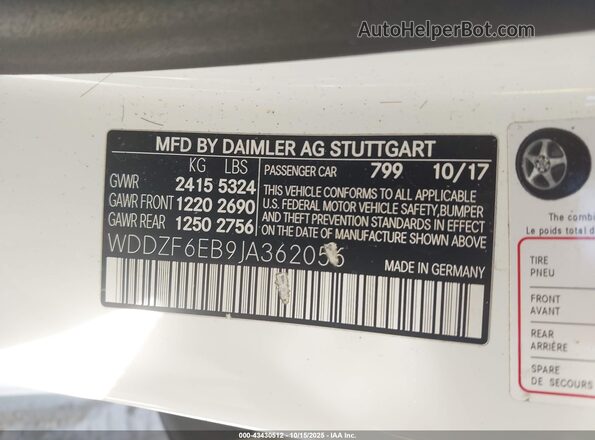 WDDZF6EB9JA362056 2018 MERCEDES-BENZ AMG E 43 White ძრავის განყოფილების ხედი