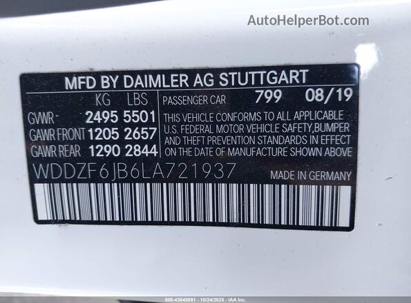 WDDZF6JB6LA721937 2020 MERCEDES-BENZ E-CLASS White Вид підкапотного простору