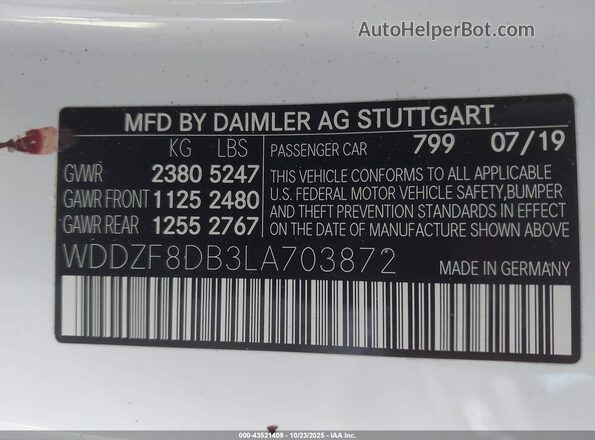 WDDZF8DB3LA703872 2020 MERCEDES-BENZ E-CLASS White Շարժիչի բաժամունքի տեսք
