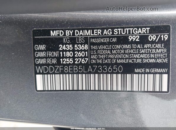 WDDZF8EB5LA733650 2020 MERCEDES-BENZ E-CLASS Gray Вид підкапотного простору