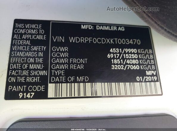 WDRPF0CDXKT003470 2019 FREIGHTLINER SPRINTER 2500 White Вид підкапотного простору