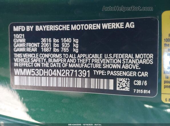 WMW53DH04N2R71391 2022 MINI HARDTOP Green 