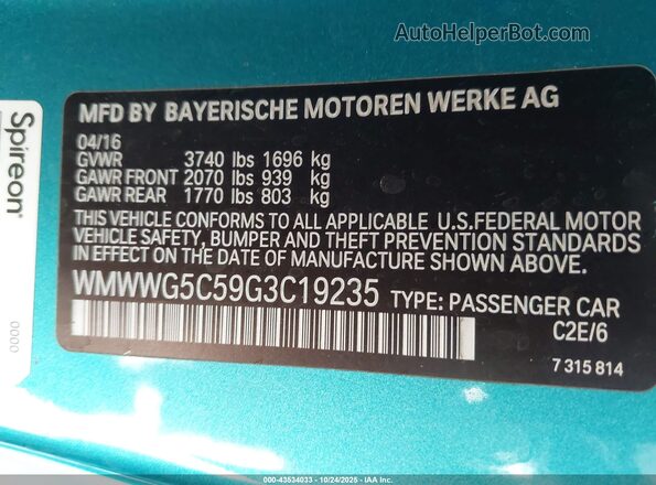 WMWWG5C59G3C19235 2016 MINI CONVERTIBLE Turquoise 