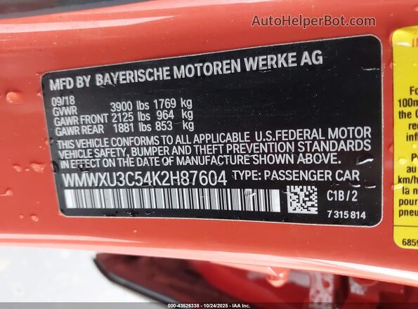 WMWXU3C54K2H87604 2019 MINI HARDTOP Orange Engine compartment view
