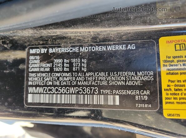 WMWZC3C56GWP53673 2016 MINI COOPER Black Vista de la etiqueta del VIN