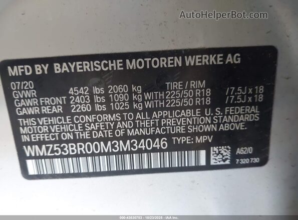 WMZ53BR00M3M34046 2021 MINI COUNTRYMAN Gray Вид наклейки з VIN-кодом